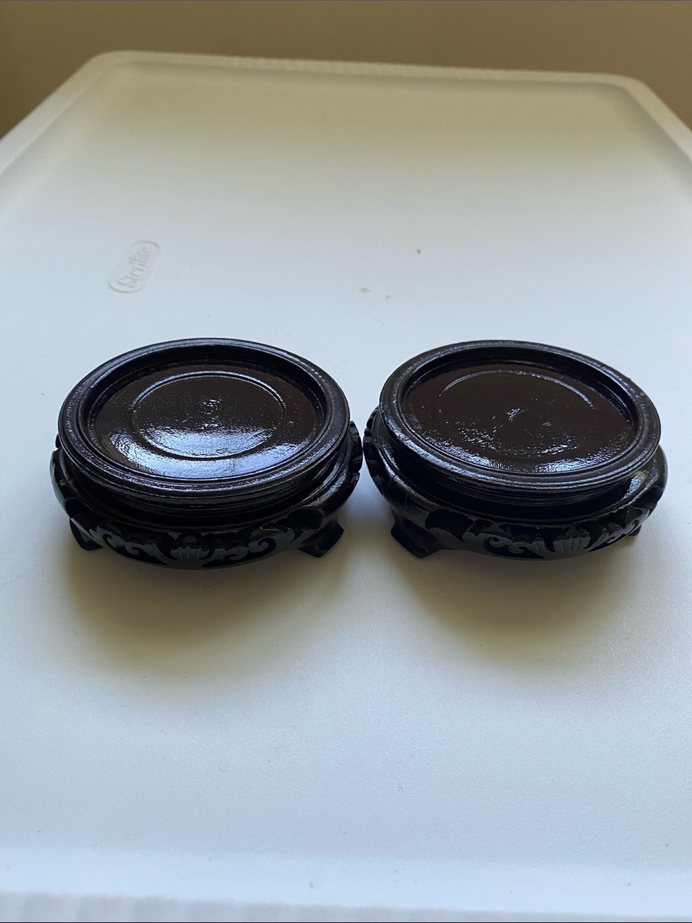 Set of 2 Vintage Chinese Carved Wood Display Stands Top Inner Rim 2.5" W - #18